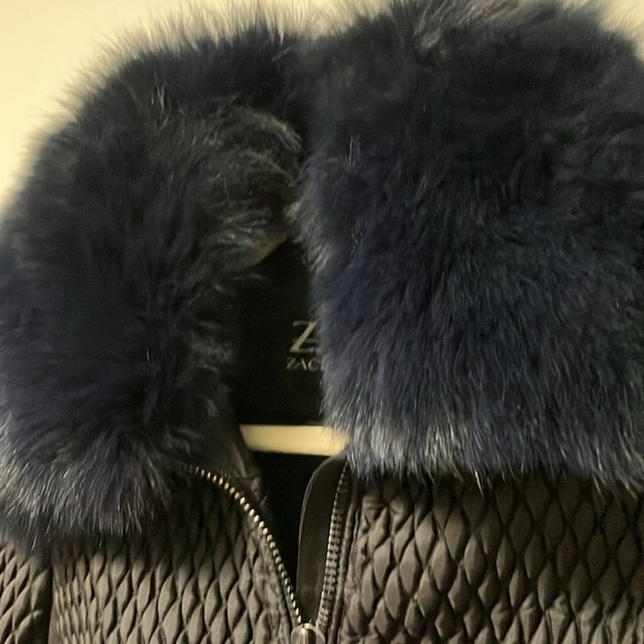 Zac Posen black quilted jacket with real dyed blue fox fur - Picture 3 of 7